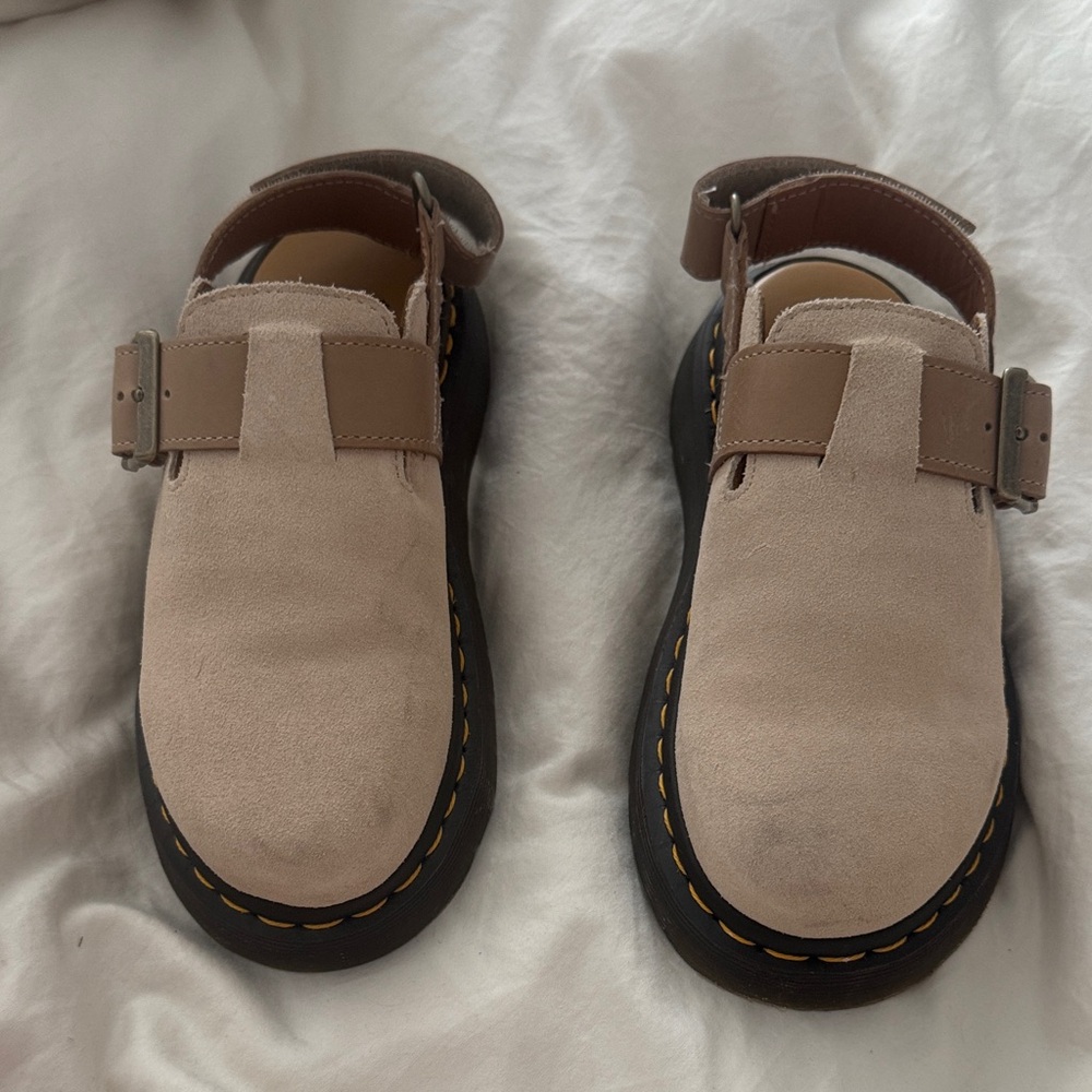Dr. Martens Beige Suede Mary Jane Clogs with Brown Straps